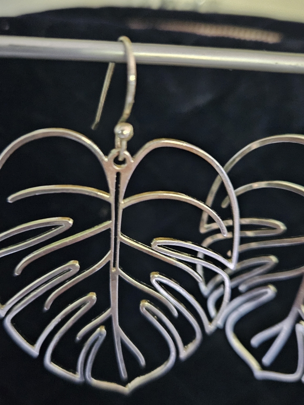 Silver Monstera Leaf Drop Earrings - Picture 3 of 3